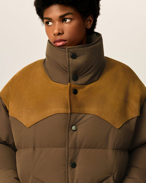 Brown nylon and cotton down jacket with leather panels - Woman - 10 - AMI Paris - Ami Paris