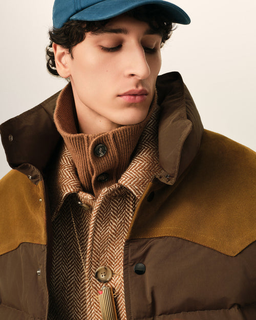 Brown nylon and cotton down jacket with leather panels - Man - 4 - AMI Paris - Ami Paris