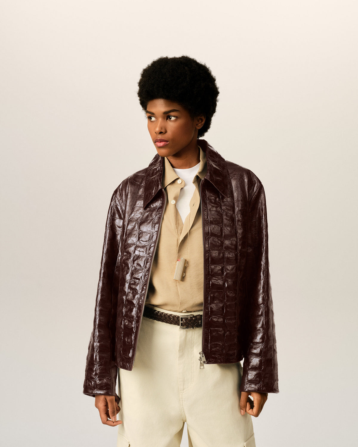 Crocodile embossed cowhide leather zipped jacket - 10