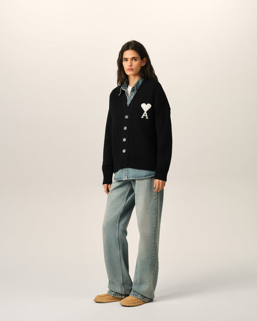 Black wool cardigan with Ami de Coeur - Woman - 12 - AMI Paris - Ami Paris