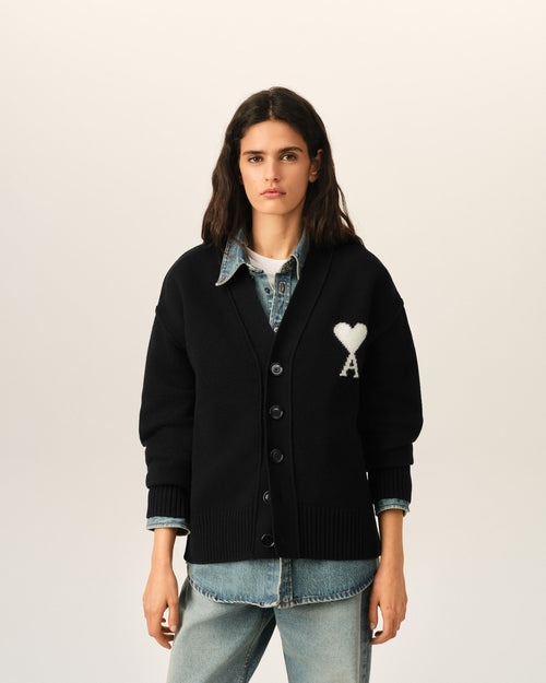 Black wool cardigan with Ami de Coeur - 4 - Ami Paris