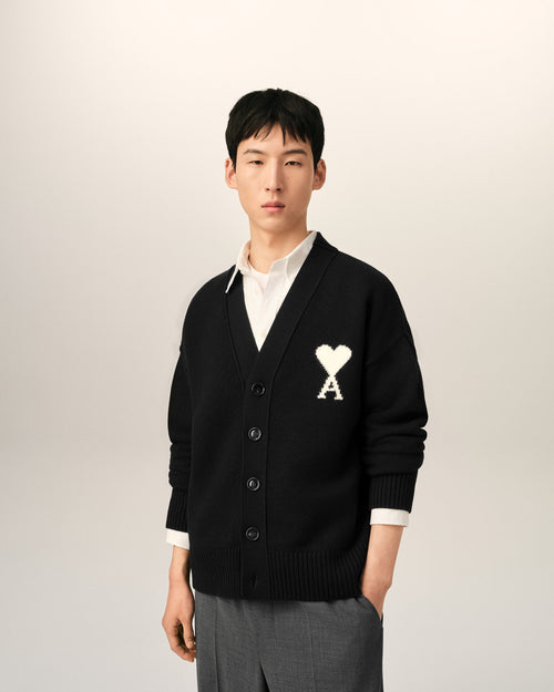 Black wool cardigan with Ami de Coeur - 2 - Ami Paris