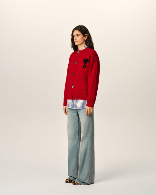Red crewneck wool cardigan with Ami de Coeur - Woman - 12 - AMI Paris - Ami Paris