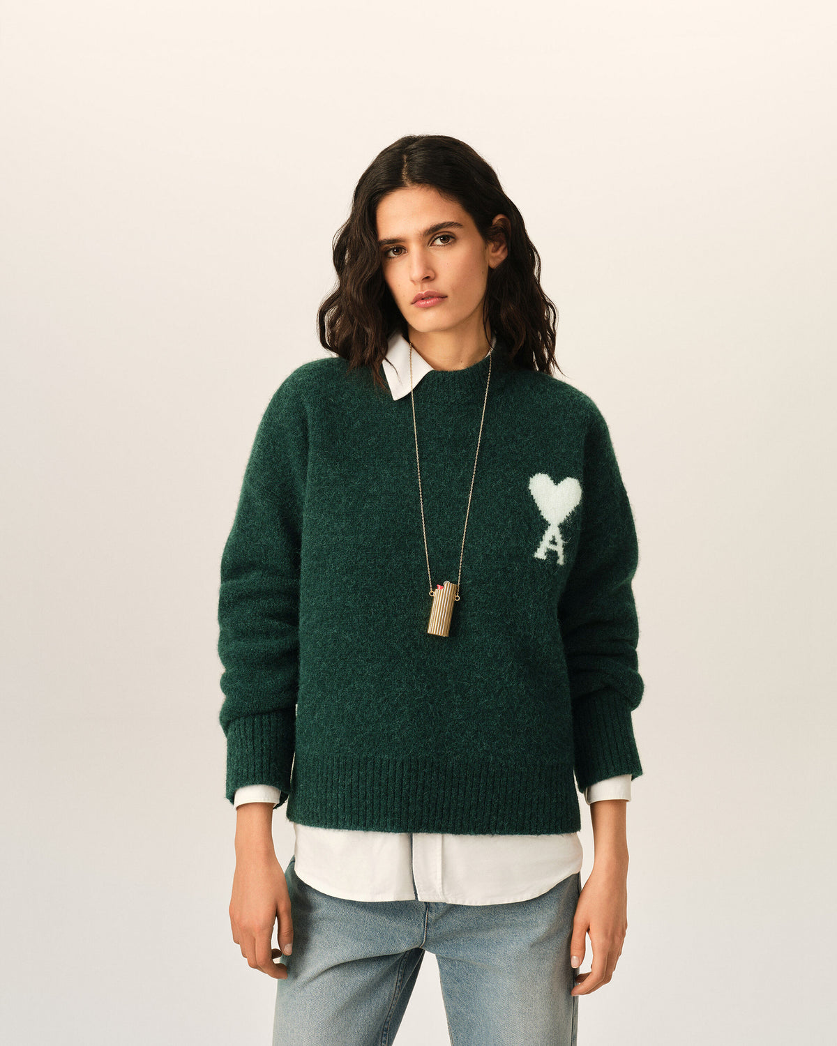 Green crewneck alpaca sweater with Ami de Coeur - 8