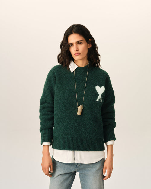                                     Green crewneck alpaca sweater with Ami de Coeur - 3                                 - Ami Paris
