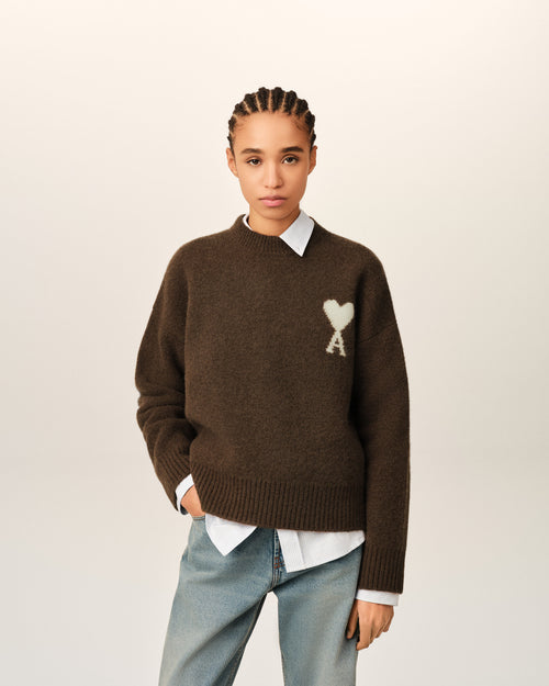                                     Brown crewneck alpaca sweater with Ami de Coeur - 3                                 - Ami Paris