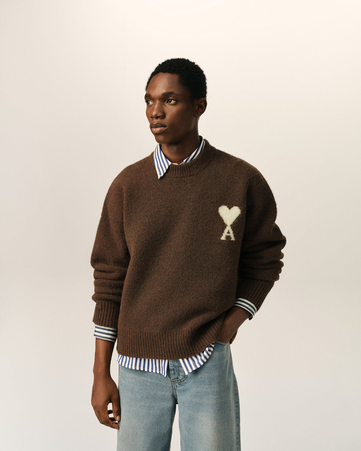 Brown crewneck alpaca sweater with Ami de Coeur - 2