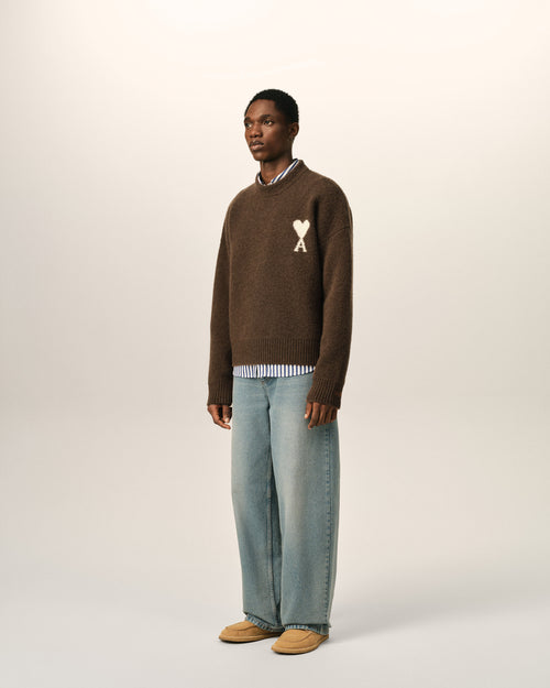 Brown crewneck alpaca sweater with Ami de Coeur - Man - 6 - AMI Paris - Ami Paris