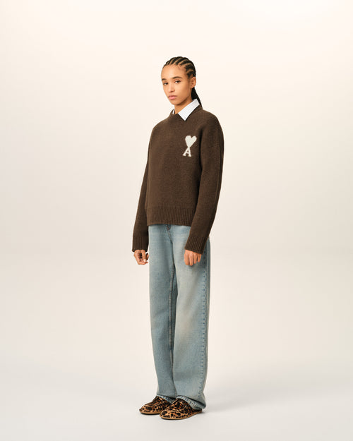 Brown crewneck alpaca sweater with Ami de Coeur - Woman - 12 - AMI Paris - Ami Paris