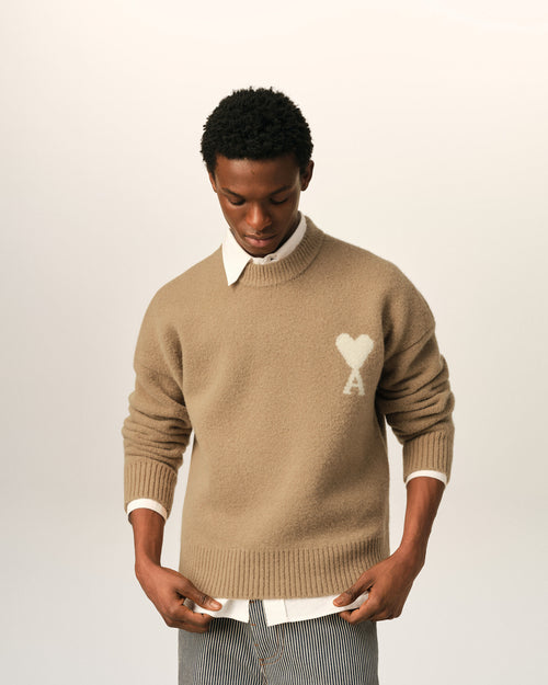 Beige crewneck alpaca sweater with Ami de Coeur - Man - 2 - AMI Paris - Ami Paris