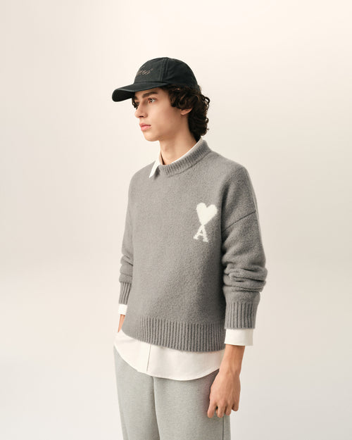 Grey crewneck alpaca sweater with Ami de Coeur - 2 - Ami Paris