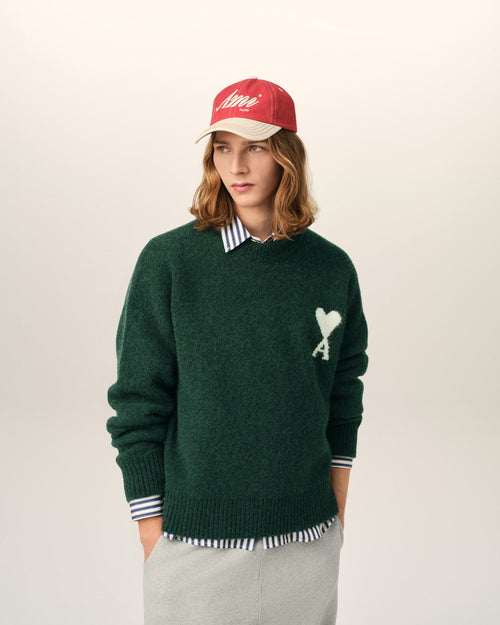 Green crewneck alpaca sweater with Ami de Coeur - 2 - Ami Paris