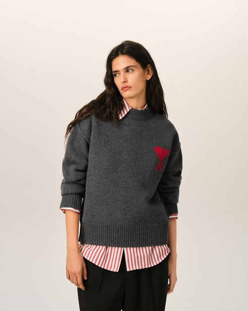 Grey crewneck wool sweater with Ami de Coeur - 4 - Ami Paris