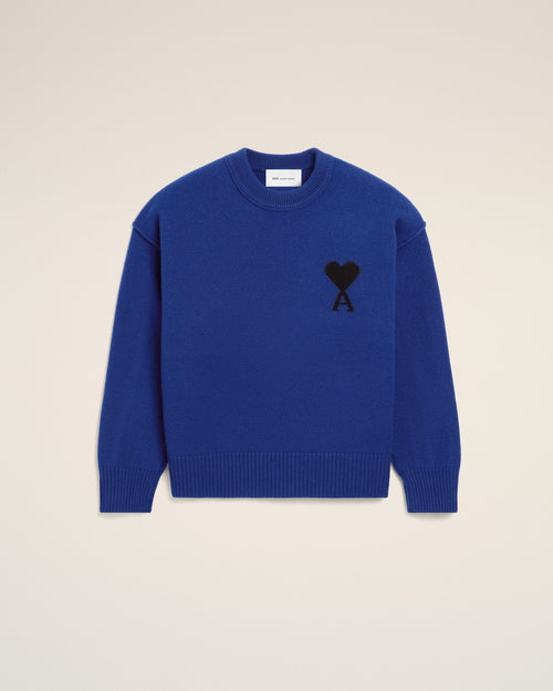 Blue crewneck wool sweater with Ami de Coeur - Man - 1 - AMI Paris - Ami Paris