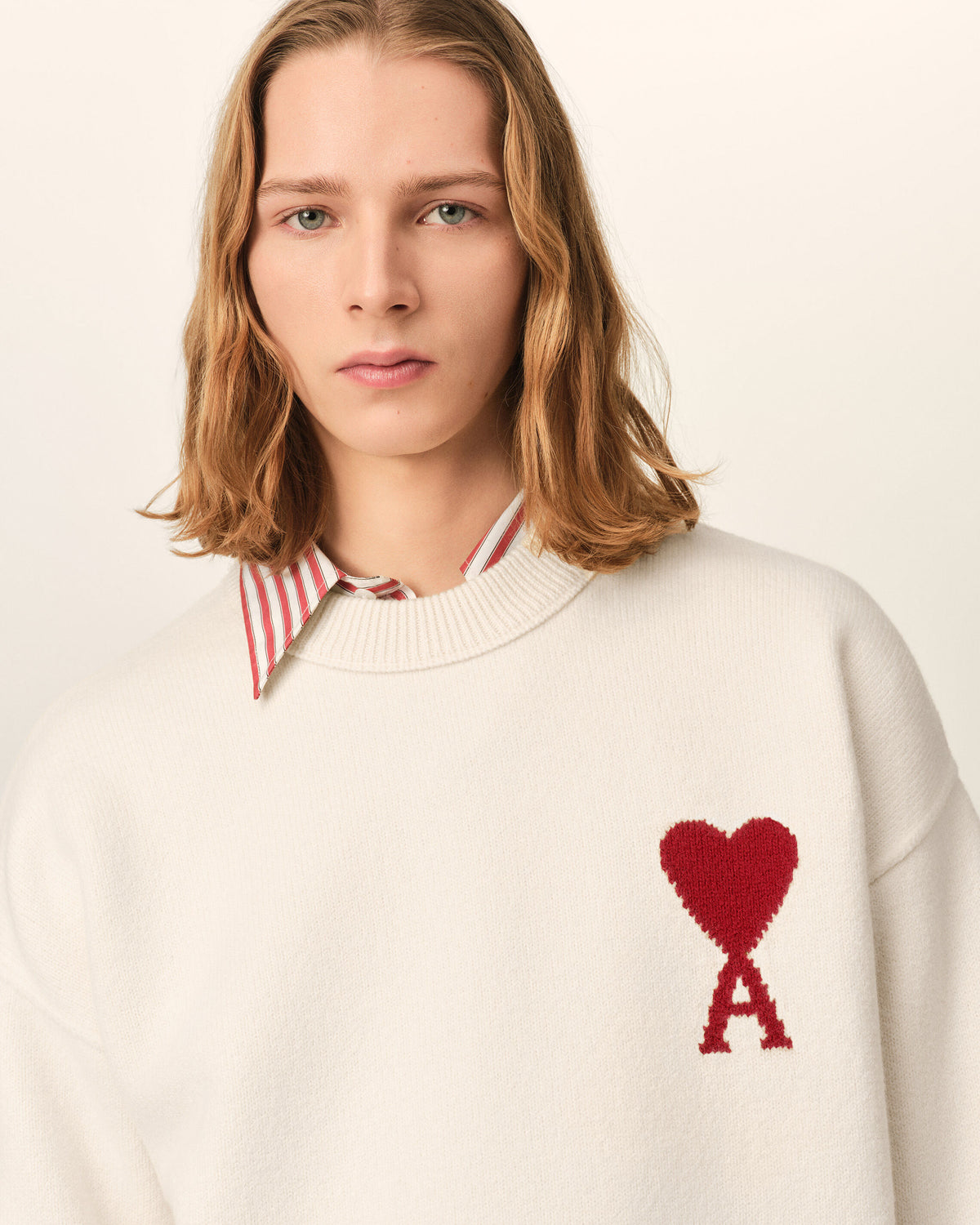 Natural crewneck wool sweater with Ami de Coeur - 4