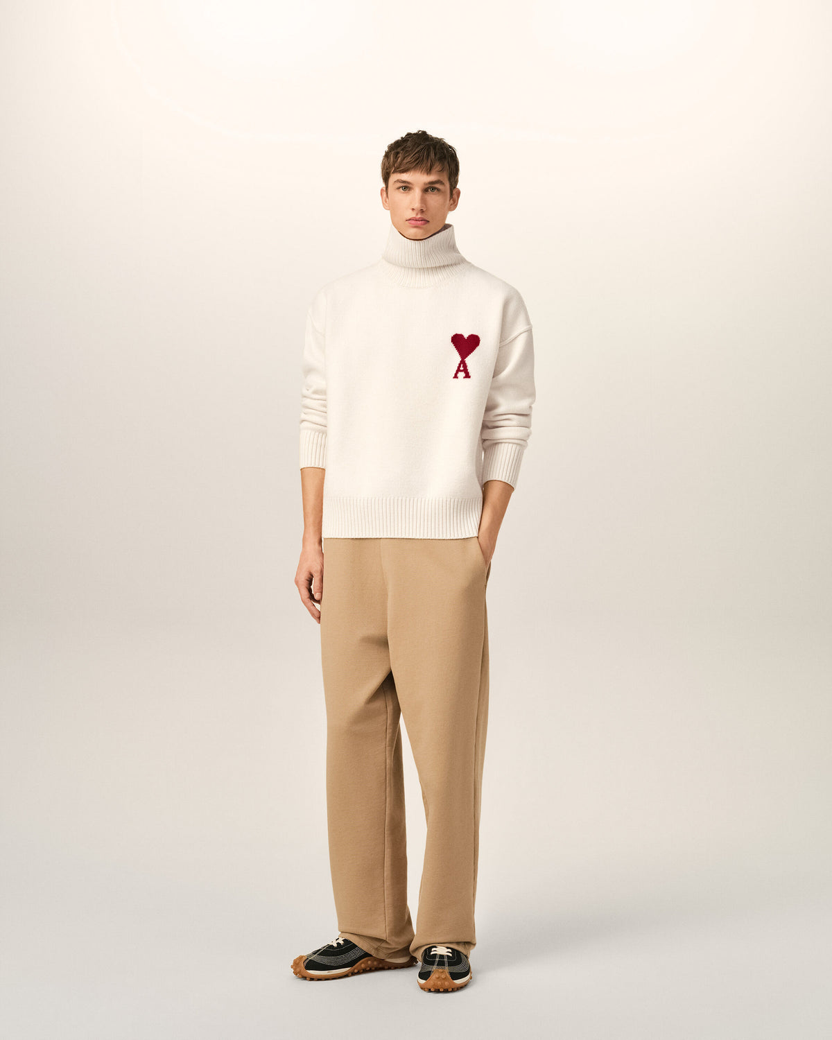 Natural funell neck wool sweater with Ami De Coeur - 3
