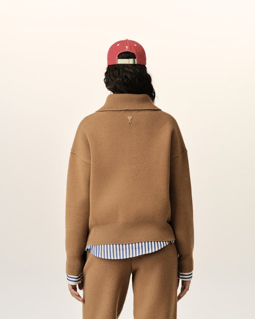 Brown high buttoned collar wool sweater - Woman - 11 - AMI Paris - Ami Paris