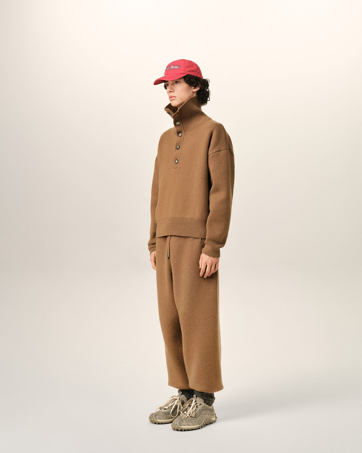 Brown high buttoned collar wool sweater - 6