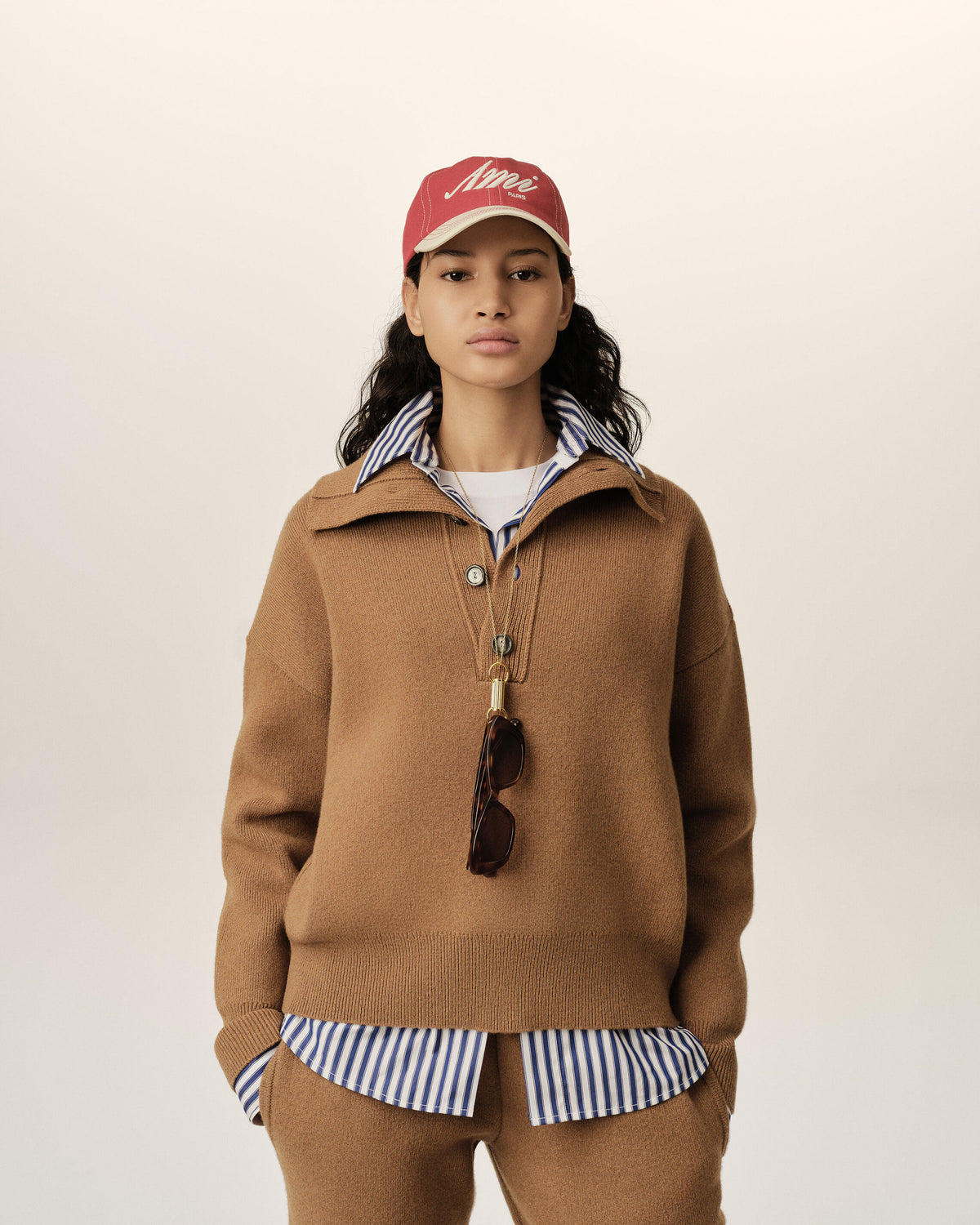 Brown high buttoned collar wool sweater - 8