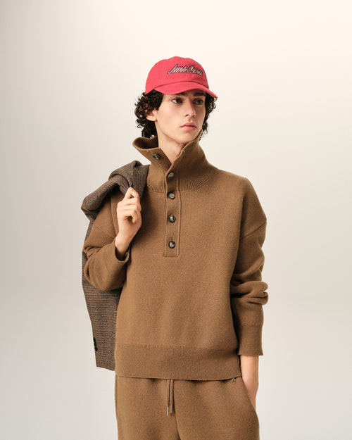 Brown high buttoned collar wool sweater - 2 - Ami Paris