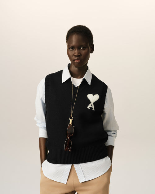 Black sleeveless wool sweater with Ami de Coeur - 4 - Ami Paris