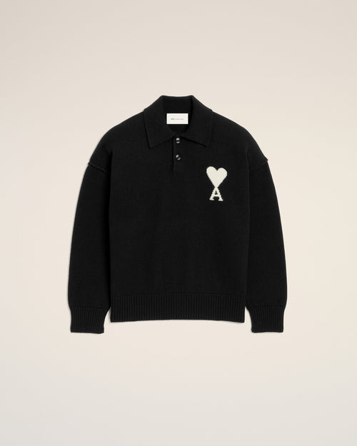 Black wool polo with Ami de Coeur - BLACK/OFF WHITE - Ami Paris