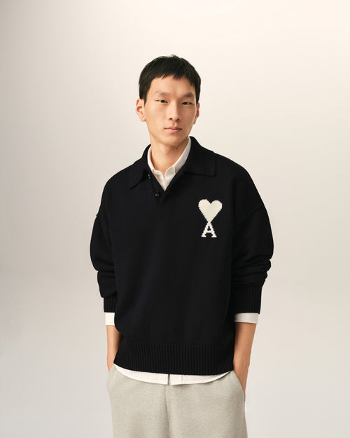 Black wool polo with Ami de Coeur - 2 - Ami Paris
