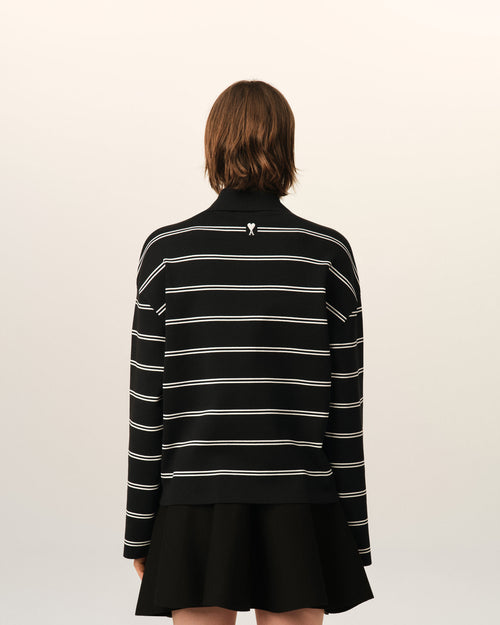 Black striped cotton polo with Ami patch - Woman - 11 - AMI Paris - Ami Paris