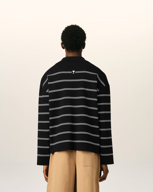 Black striped cotton polo with Ami patch - Man - 5 - AMI Paris - Ami Paris