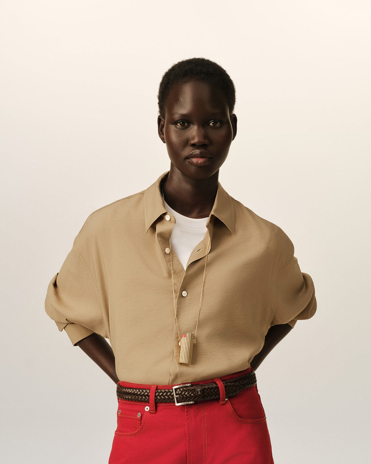 Beige boxy viscose twill shirt - 8