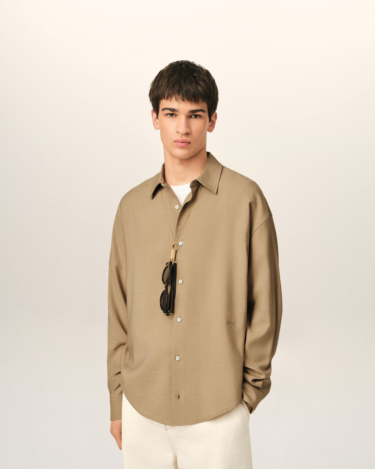 Beige boxy viscose twill shirt - 2