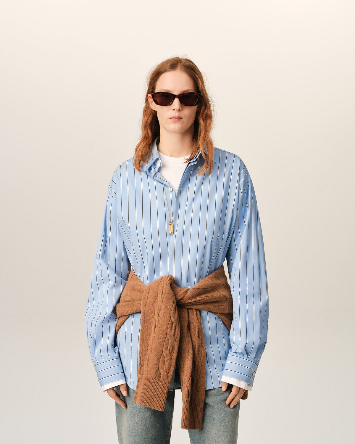 Blue large striped cotton shirt with removable collar - 8