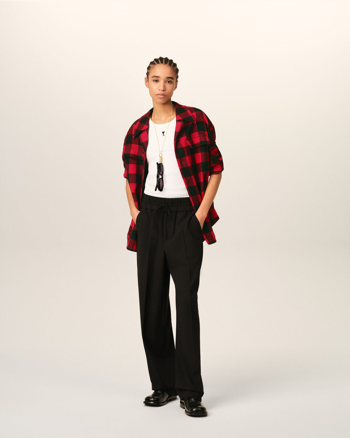 Red wide checkered wool overshirt - 10