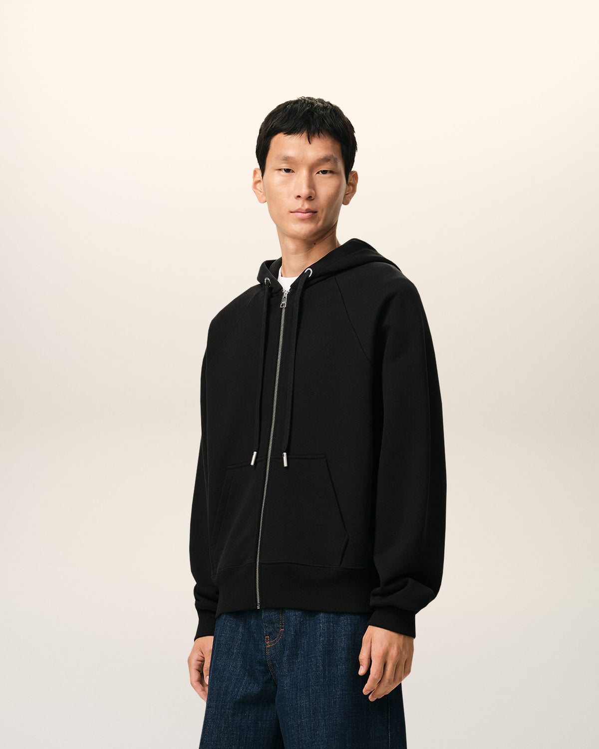 Black Zipped Cotton Hoodie with Embossed Ami De Coeur  - 6
