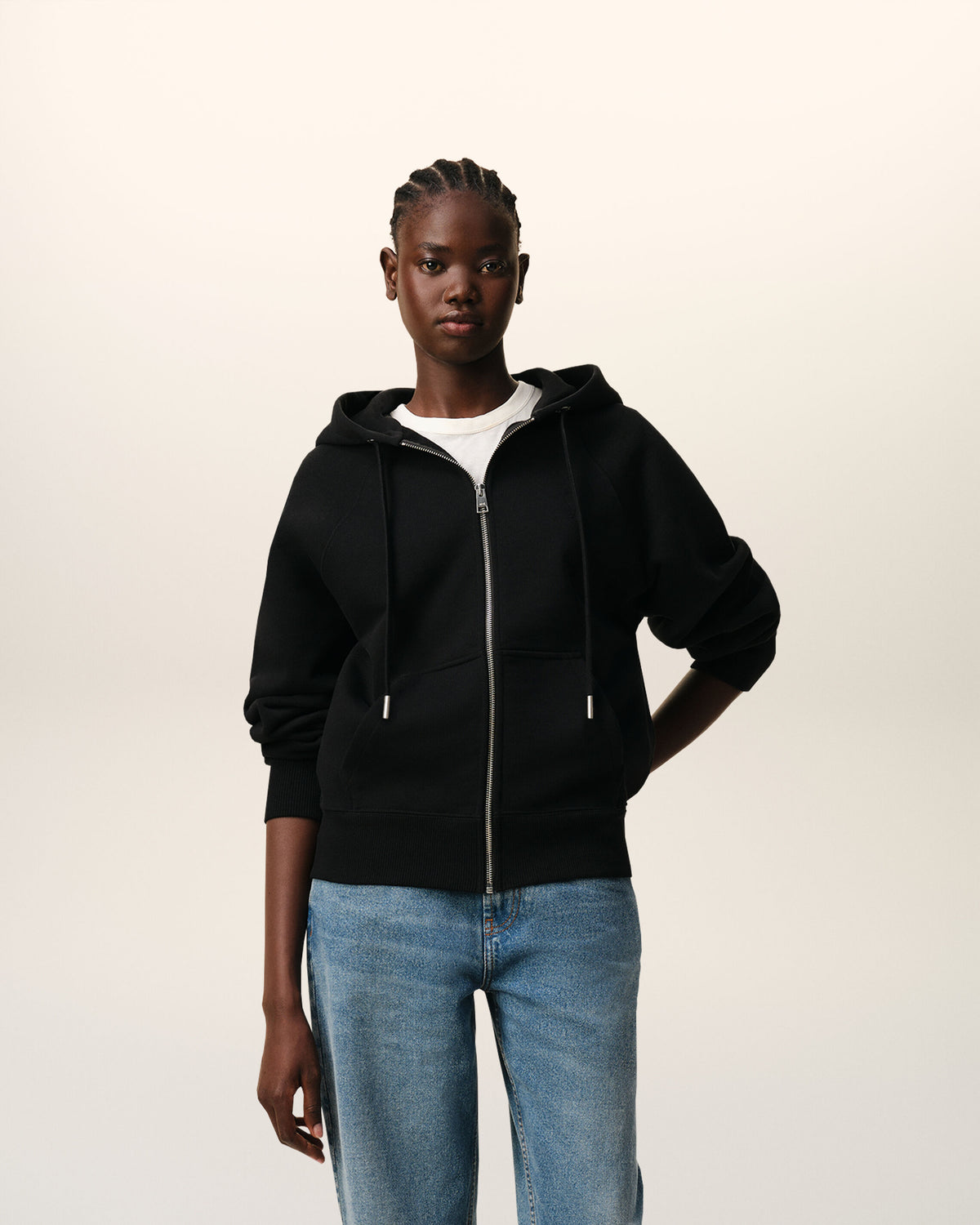 Black Zipped Cotton Hoodie with Embossed Ami De Coeur  - 8