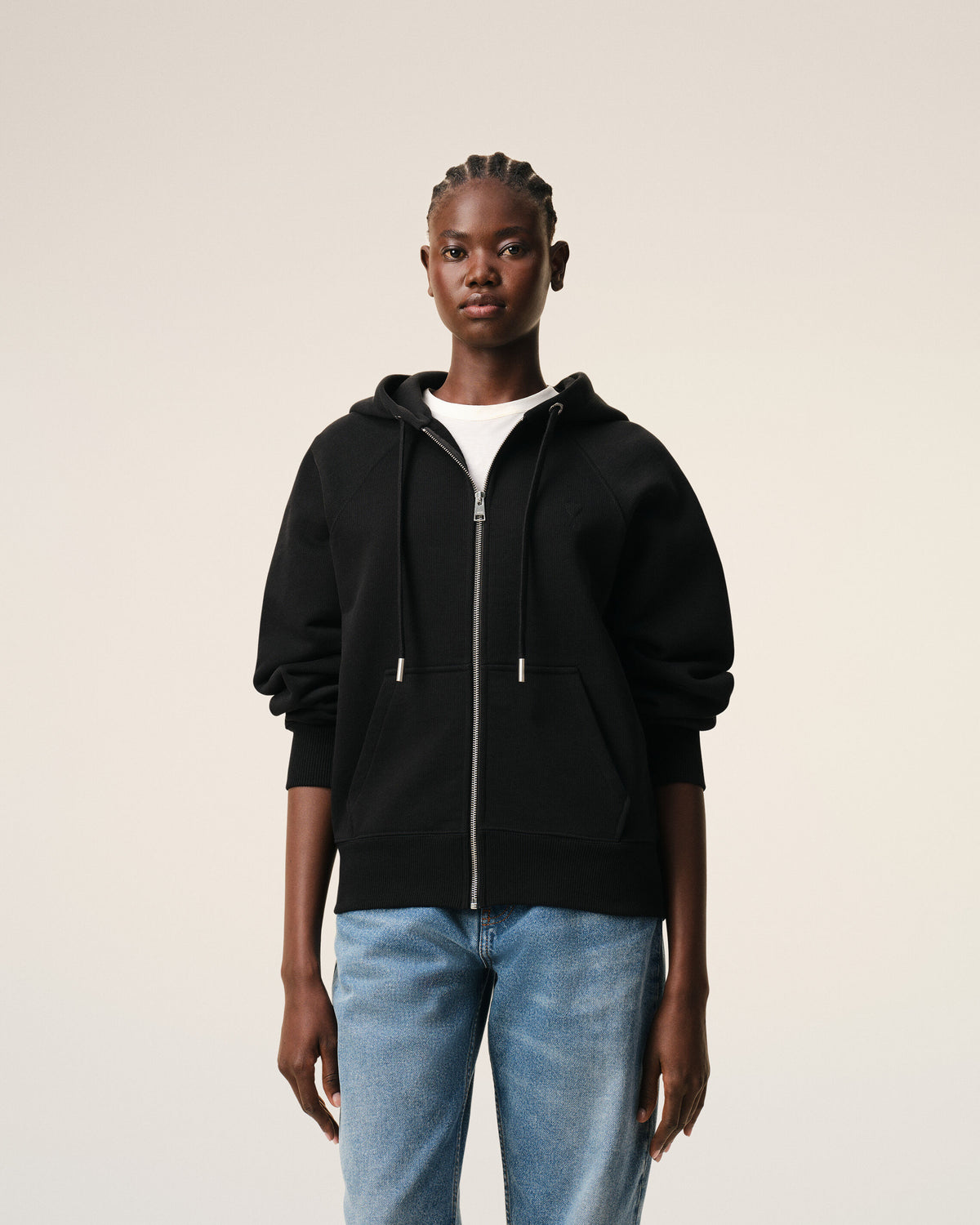 Black Zipped Cotton Hoodie with Embossed Ami De Coeur  - 9