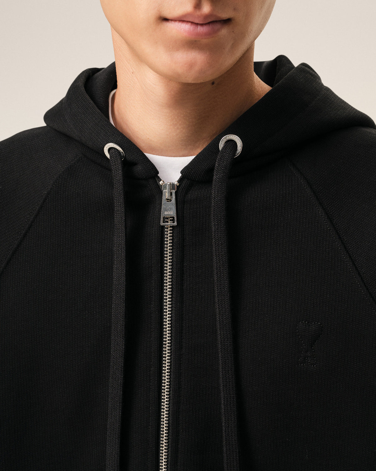 Black Zipped Cotton Hoodie with Embossed Ami De Coeur  - 4