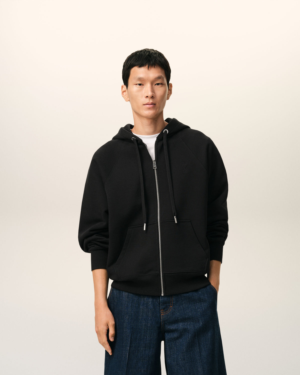 Black Zipped Cotton Hoodie with Embossed Ami De Coeur  - 2
